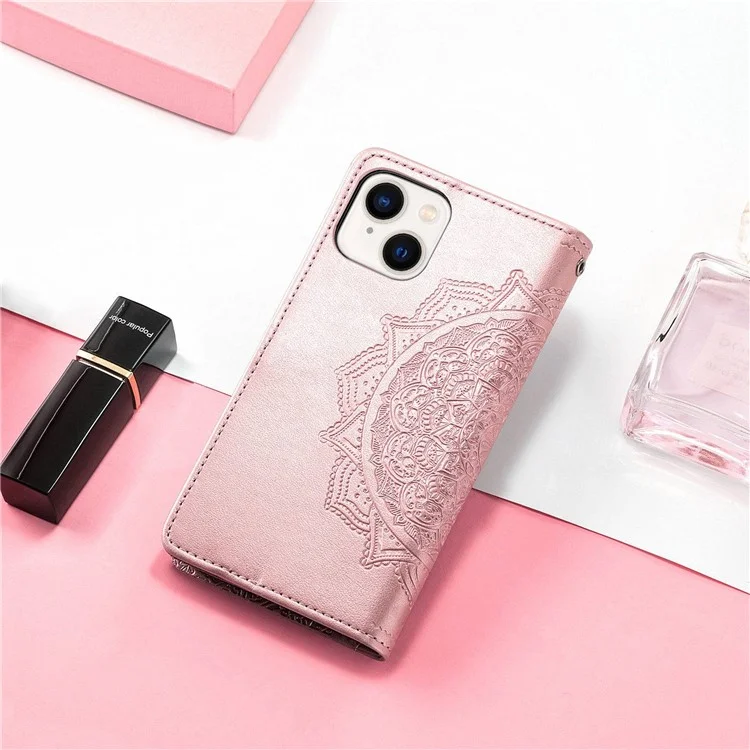 Para iPhone 14 6.1 polegadas Mandala Pattern Embossed Leather Wallet Case Magnetic Clasp Phone Stand Cover with Strap - Rose Gold