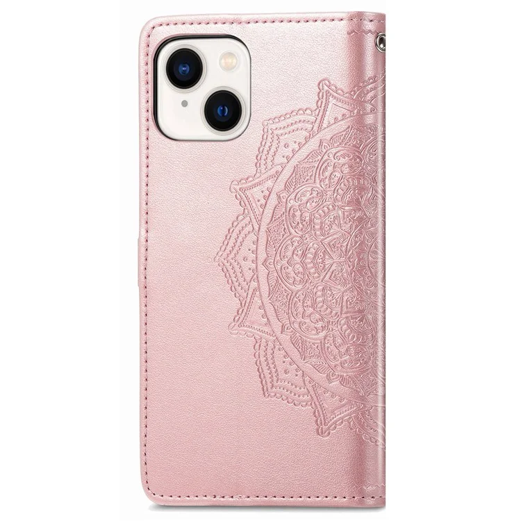 Para iPhone 14 6.1 polegadas Mandala Pattern Embossed Leather Wallet Case Magnetic Clasp Phone Stand Cover with Strap - Rose Gold