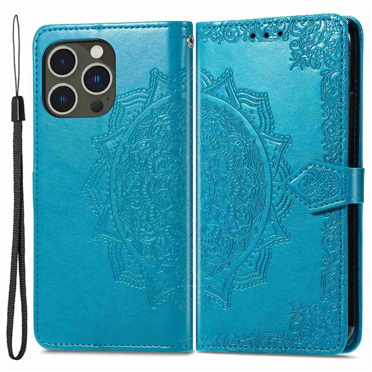 For iPhone 14 Pro 6.1 inch Embossed Mandala Pattern Folding Stand PU Leather Case Wallet Style Flip Cover with Hand Strap - Blue