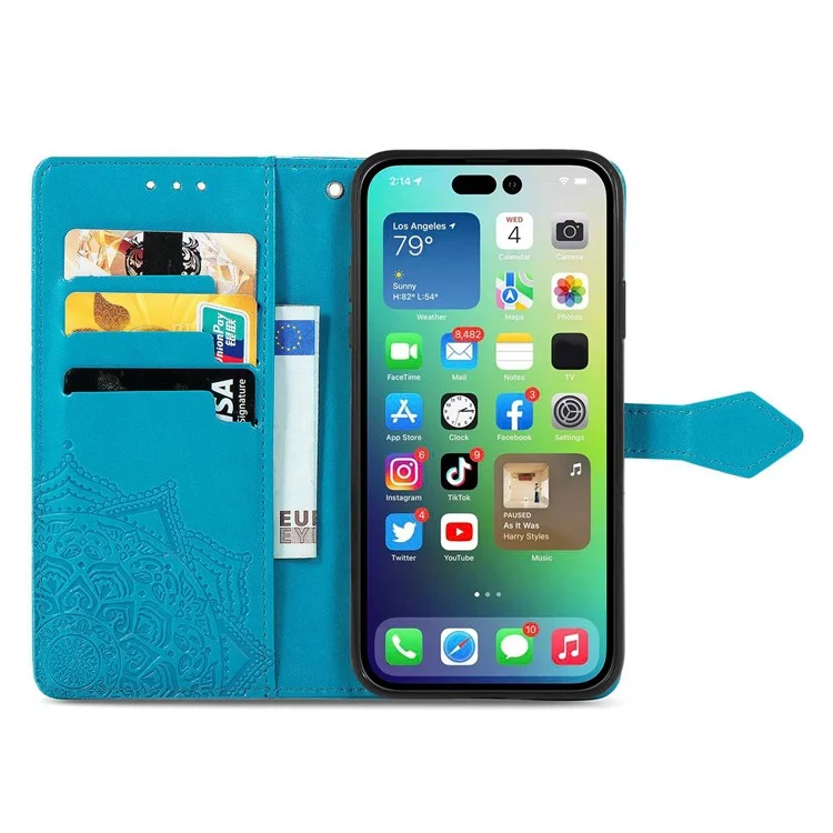 For iPhone 14 Pro 6.1 inch Embossed Mandala Pattern Folding Stand PU Leather Case Wallet Style Flip Cover with Hand Strap - Blue