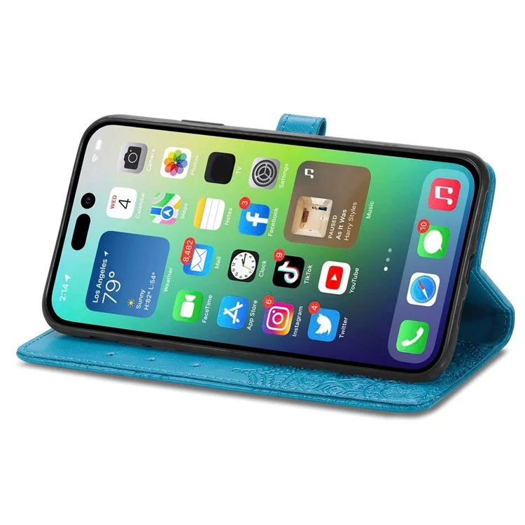 For iPhone 14 Pro 6.1 inch Embossed Mandala Pattern Folding Stand PU Leather Case Wallet Style Flip Cover with Hand Strap - Blue