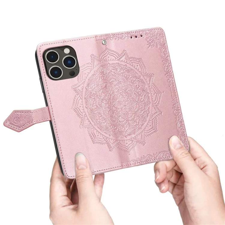 For iPhone 14 Pro 6.1 inch Embossed Mandala Pattern Folding Stand PU Leather Case Wallet Style Flip Cover with Hand Strap - Blue