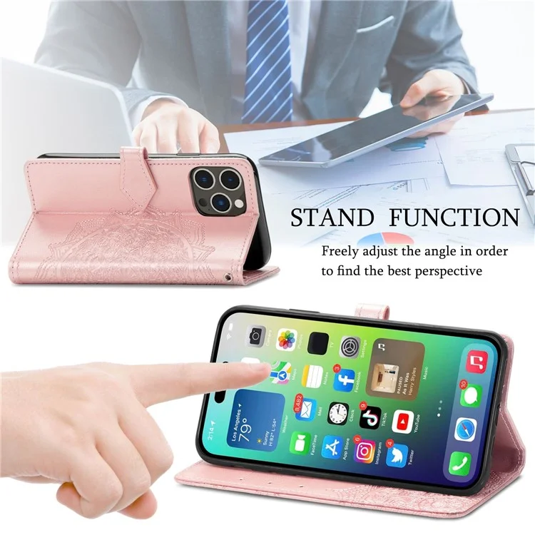 For iPhone 14 Pro 6.1 inch Embossed Mandala Pattern Folding Stand PU Leather Case Wallet Style Flip Cover with Hand Strap - Blue
