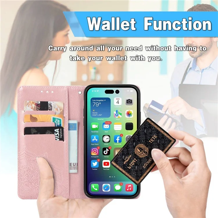 For iPhone 14 Pro 6.1 inch Embossed Mandala Pattern Folding Stand PU Leather Case Wallet Style Flip Cover with Hand Strap - Blue