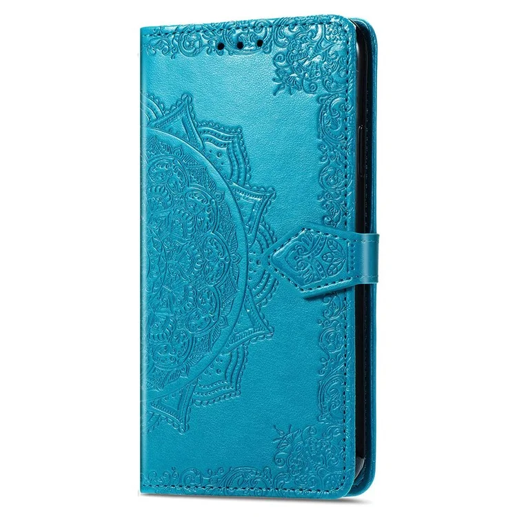 For iPhone 14 Pro 6.1 inch Embossed Mandala Pattern Folding Stand PU Leather Case Wallet Style Flip Cover with Hand Strap - Blue