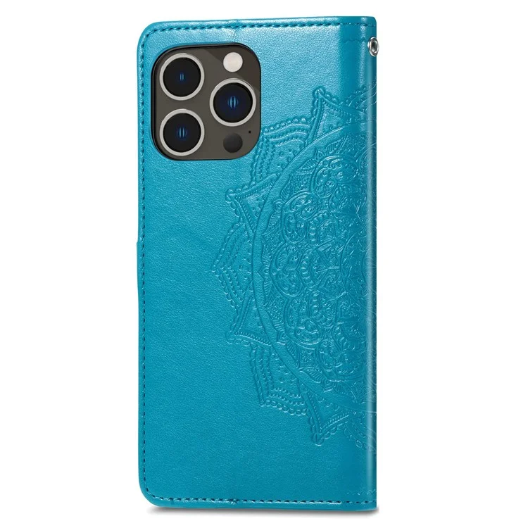 For iPhone 14 Pro 6.1 inch Embossed Mandala Pattern Folding Stand PU Leather Case Wallet Style Flip Cover with Hand Strap - Blue