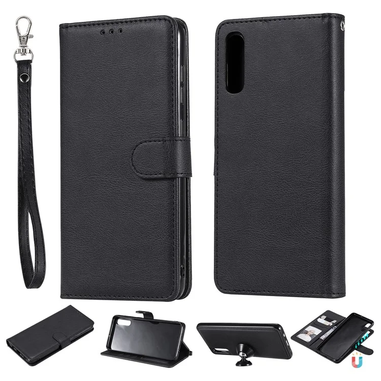 For Samsung Galaxy A50 / A50s / A30s Case 2 in 1 Detachable Magnetic Leather Wallet Mobile Cover with Strap - Black