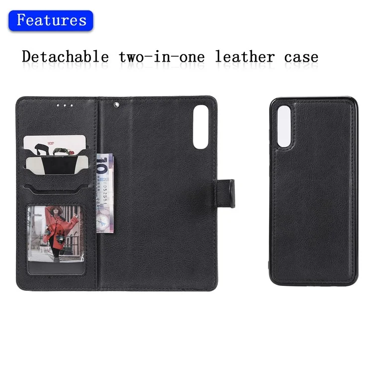 For Samsung Galaxy A50 / A50s / A30s Case 2 in 1 Detachable Magnetic Leather Wallet Mobile Cover with Strap - Black