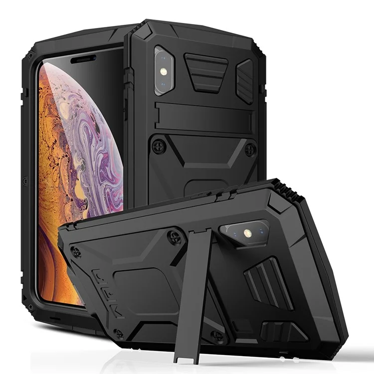 R-JUST Pour iPhone XS Max 6.5 pouces Résistant aux chocs Résistant à la poussière Résistant à l'eau Étui de protection hybride avec support et protecteur d'écran en verre trempé - Noir