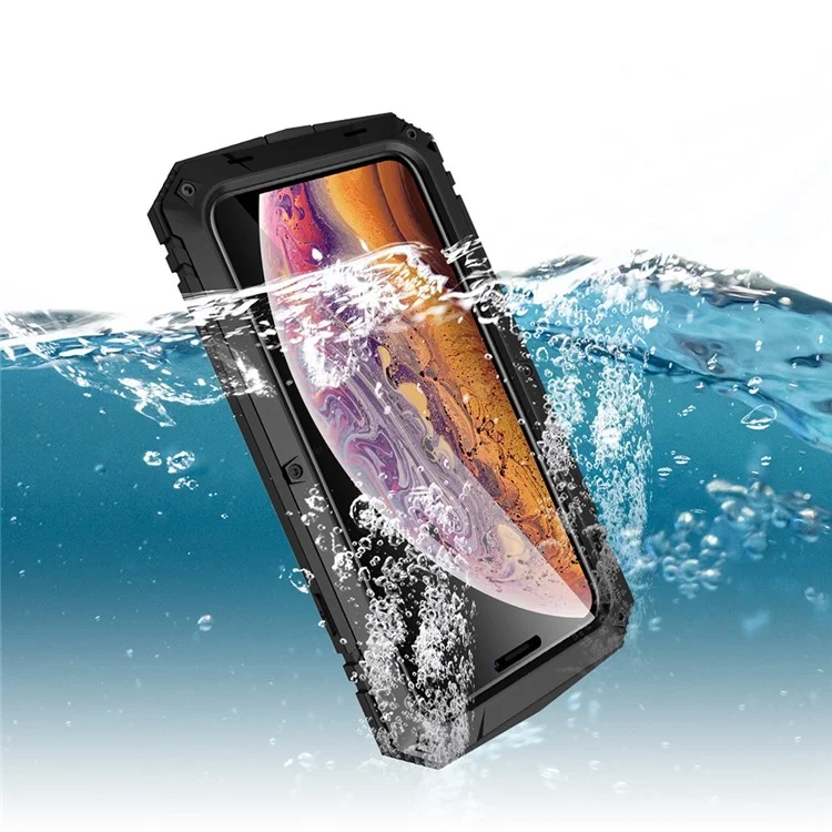 R-JUST Pour iPhone XS Max 6.5 pouces Résistant aux chocs Résistant à la poussière Résistant à l'eau Étui de protection hybride avec support et protecteur d'écran en verre trempé - Noir