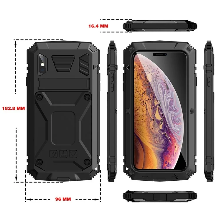 R-JUST Pour iPhone XS Max 6.5 pouces Résistant aux chocs Résistant à la poussière Résistant à l'eau Étui de protection hybride avec support et protecteur d'écran en verre trempé - Noir