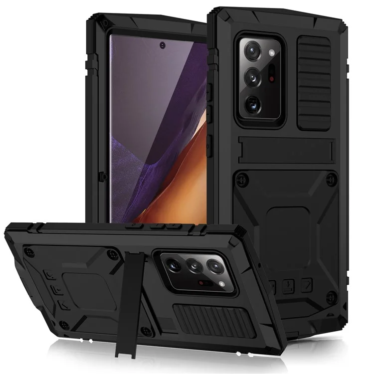 R-JUST Pour Samsung Galaxy Note20 Ultra / Note20 Ultra 5G Étui de protection en métal + silicone + PC avec support, résistant à la poussière et aux chocs, avec film en verre trempé - Noir