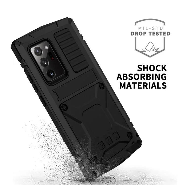 R-JUST Pour Samsung Galaxy Note20 Ultra / Note20 Ultra 5G Étui de protection en métal + silicone + PC avec support, résistant à la poussière et aux chocs, avec film en verre trempé - Noir