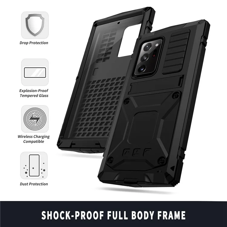 R-JUST Pour Samsung Galaxy Note20 Ultra / Note20 Ultra 5G Étui de protection en métal + silicone + PC avec support, résistant à la poussière et aux chocs, avec film en verre trempé - Noir