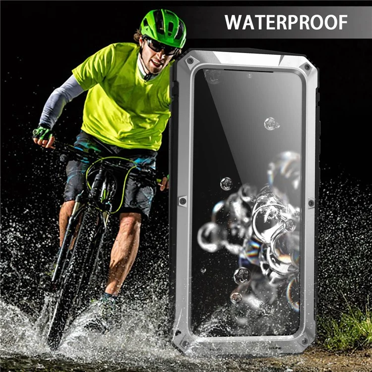 R-JUST For Samsung Galaxy S20 Ultra Metal + Silicone + PC Phone Case Kickstand Full Cover Shell with Tempered Glass Film - Silver