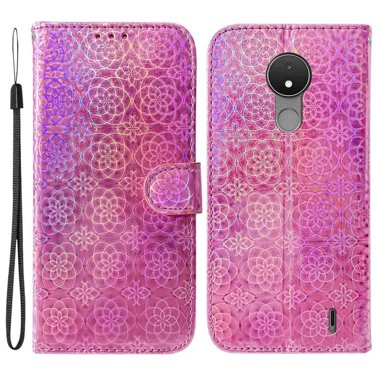 Pour Nokia C21 Dazzling Flower Pattern Shockproof Phone Cover Anti-scratch Flip Wallet Case with Stand Phone Shell - Rose