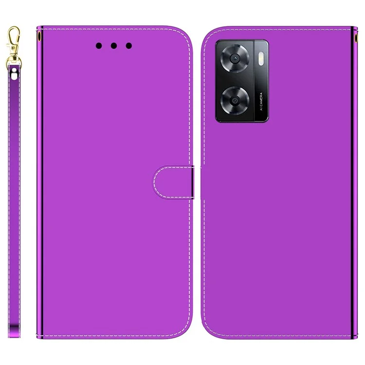 Pour Oppo A57 4G / A57 (2022) 5G / A77 5G / Royaume Q5i / V23 5G / Narzo 50 5G Miroir de Surface en Forme de Support de Portefeuille pu le Cuir Téléphone Couvercle Avec Sangle - Violet