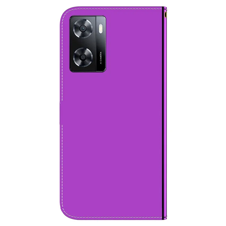 Pour Oppo A57 4G / A57 (2022) 5G / A77 5G / Royaume Q5i / V23 5G / Narzo 50 5G Miroir de Surface en Forme de Support de Portefeuille pu le Cuir Téléphone Couvercle Avec Sangle - Violet