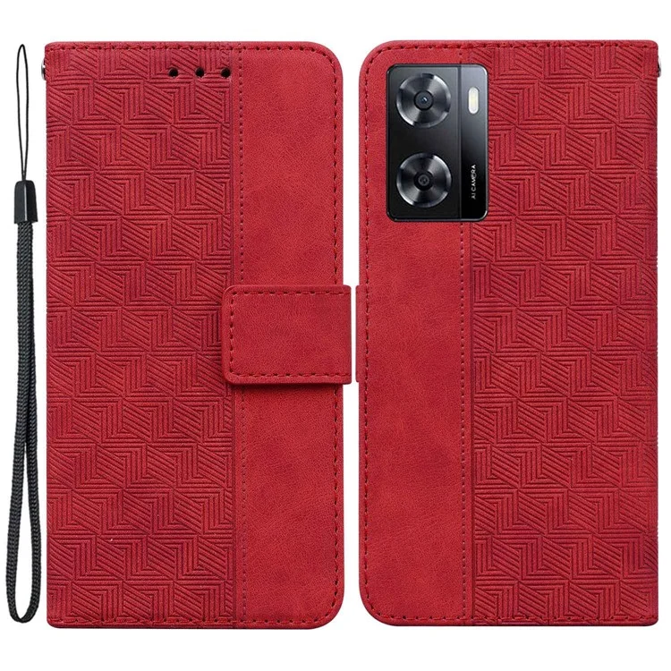 Per Oppo A57 (2022) 5G / A57 4G / A77 5G / Realme Q5i / V23 5G / Narzo 50 5G Geometry Pattern Exprinted Flip Pulfrany Case Copertina Per Telefono Con Cinturino - Rosso