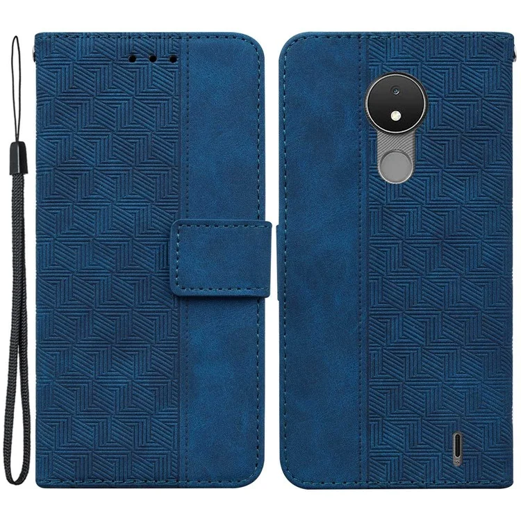 For Nokia C21 Drop-proof Flip Wallet Case Foldable Stand PU Leather Case Geometry Pattern Imprinted Phone Cover with Strap - Blue