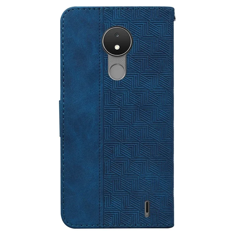 For Nokia C21 Drop-proof Flip Wallet Case Foldable Stand PU Leather Case Geometry Pattern Imprinted Phone Cover with Strap - Blue