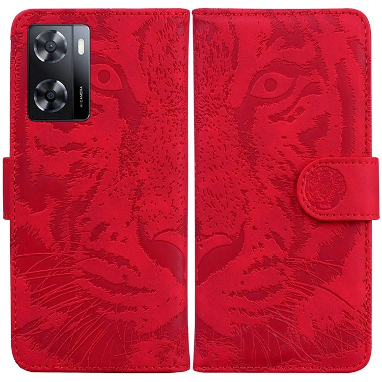 Para o Oppo A57 4G / A57 (2022) 5G / A77 5G / Realme Q5i / V23 5g / Narzo 50 5G PU Catagem de Catura de Catura da Casa de Tiger Padrão Tiger Padrão do Loma - Vermelho