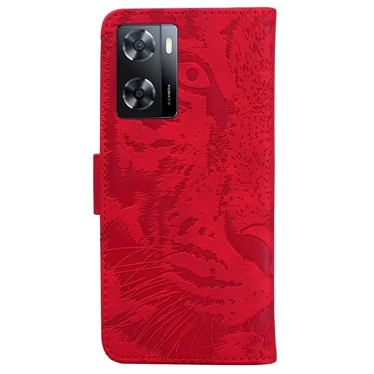 Para o Oppo A57 4G / A57 (2022) 5G / A77 5G / Realme Q5i / V23 5g / Narzo 50 5G PU Catagem de Catura de Catura da Casa de Tiger Padrão Tiger Padrão do Loma - Vermelho
