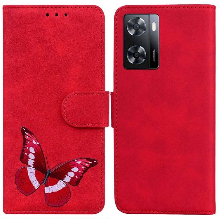 Para o Oppo A57 4G / A57 (2022) 5G / A77 5G / Realme Q5i / V23 5g / Narzo 50 5g Padrões de Borboleta Impressão de Tampa Magnética Tocada de Pele PU Caixa - Vermelho