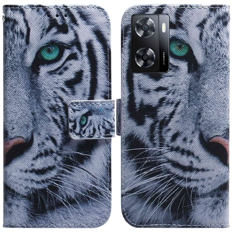 Para o Oppo A57 4G / A57 (2022) 5G / A77 5G / Realme Q5i / Narzo 50 5G / V23 5G Padrão de Impressão de Couro Caixa de Telefone da Carteira - Cabeça de Tigre