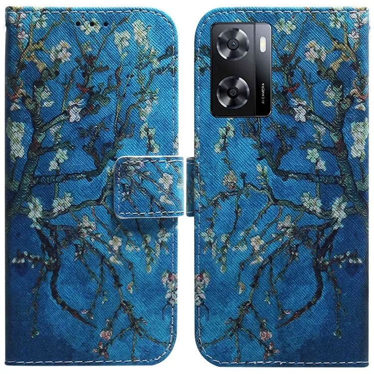 Para o Oppo A57 4G / A57 (2022) 5G / A77 5G / Realme Q5i / Narzo 50 5G / V23 5G Padrão de Impressão de Couro Caixa de Telefone da Carteira - Flores de Damasco