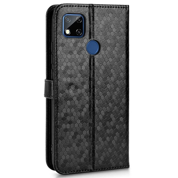 Funda de cartera de cuero PU antideslizante para Xiaomi Redmi 10A / Redmi 9C / Redmi 9C NFC, funda protectora con tapa y correa con patrón de puntos grabado - negro