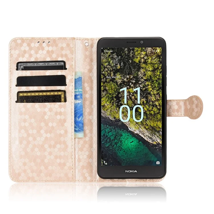 Pour Nokia C100 4G Dot Motel Étui de Téléphone de Portefeuille Imprimé, Couvercle en Cuir PU Résistant Aux Usures Avec Bracelet - or