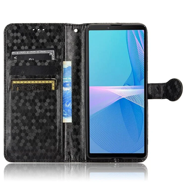 Für Sony Xperia 10 III 5G / Xperia 10 III Lite Folio Flip Dot Muster Geprägtes Brieftaschenhilfetechnik PU Leder Schutzschale Mit Riemen - Schwarz