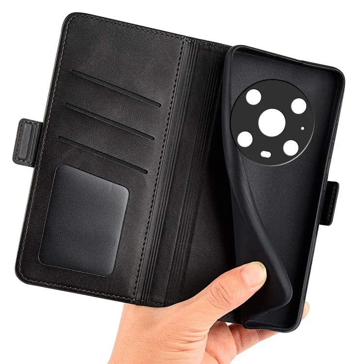 Für Ehre Magic4 Pro 5G Doppelmagnetverschluss Folio Flip Phone Hülle Strukturierte PU Leder -stand Wallet Wallet Cover - Schwarz