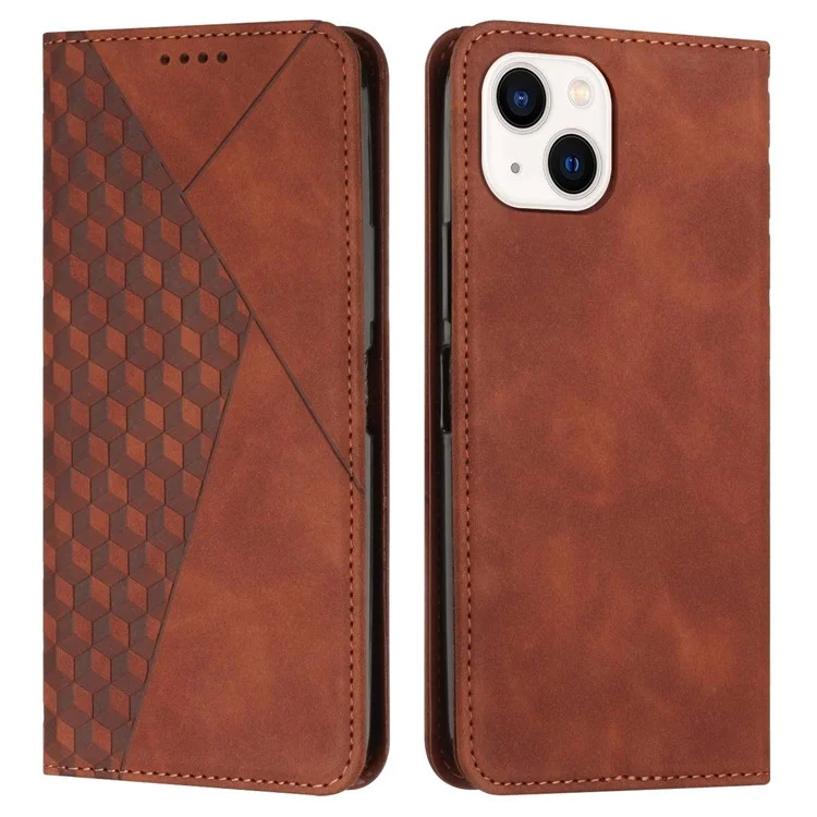 Rhombus Pattern Imprinted Case for iPhone 14 Plus 6.7 inch, Stand Design PU Leather Magnetic Auto-absorbed Phone Cover with Wallet - Brown