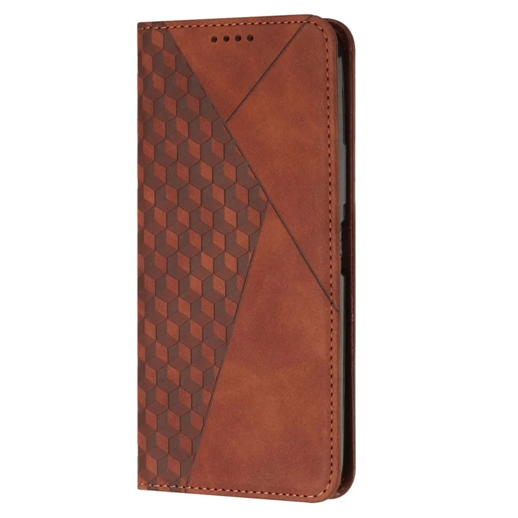 Rhombus Pattern Imprinted Case for iPhone 14 Plus 6.7 inch, Stand Design PU Leather Magnetic Auto-absorbed Phone Cover with Wallet - Brown