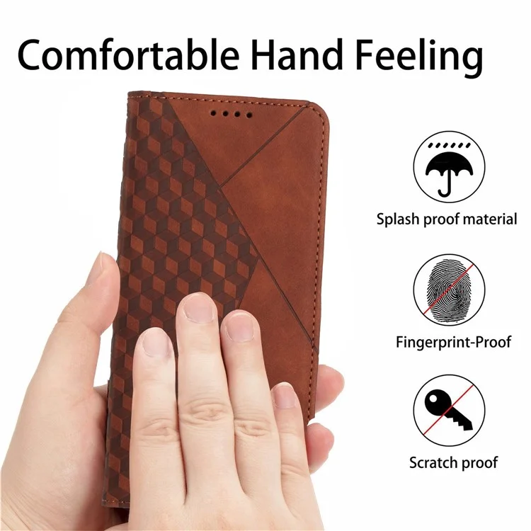 Rhombus Pattern Imprinted Case for iPhone 14 Plus 6.7 inch, Stand Design PU Leather Magnetic Auto-absorbed Phone Cover with Wallet - Brown