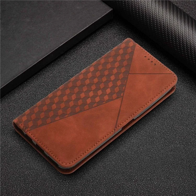 Rhombus Pattern Imprinted Case for iPhone 14 Plus 6.7 inch, Stand Design PU Leather Magnetic Auto-absorbed Phone Cover with Wallet - Brown