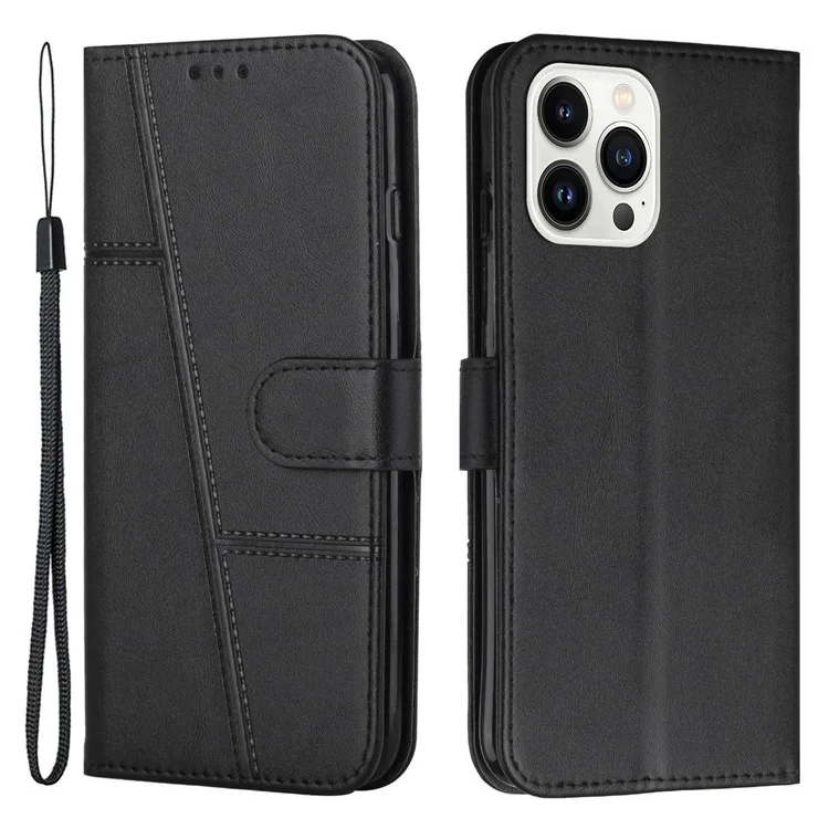 Per Iphone 14 Pro Max da 6,7 ​​pollici Per Cuciture Per Portafoglio Per Portafoglio Pechettura PU Pettura + TPU Custodia Con Cinturino - Nero
