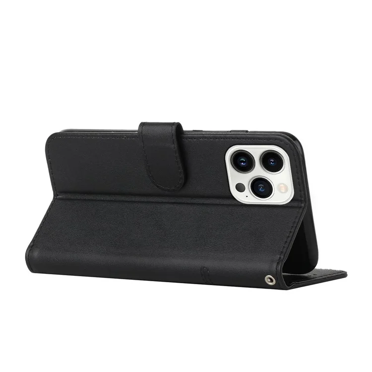 Per Iphone 14 Pro Max da 6,7 ​​pollici Per Cuciture Per Portafoglio Per Portafoglio Pechettura PU Pettura + TPU Custodia Con Cinturino - Nero