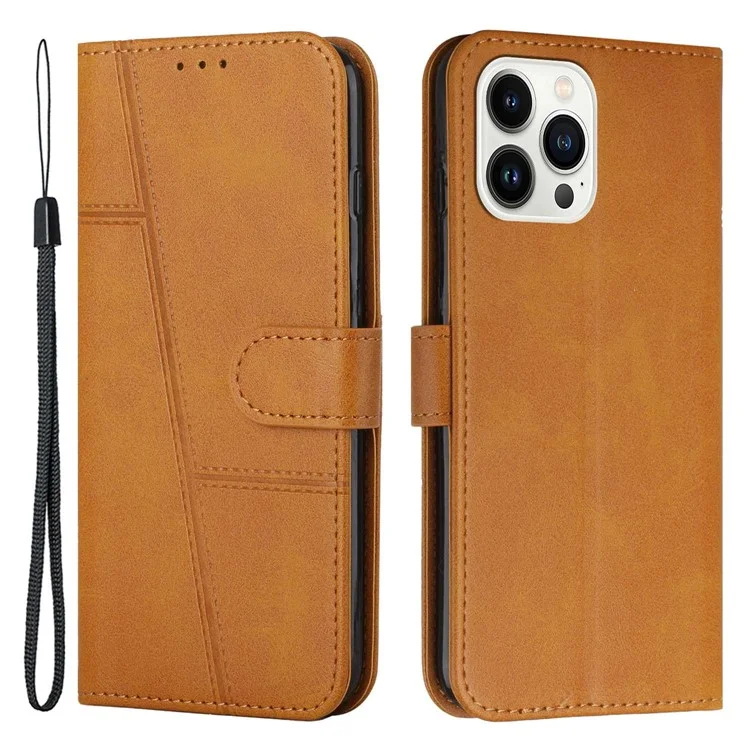 For iPhone 14 Pro Max 6.7 inch Stand Wallet Stitching Phone Cover PU Leather + TPU Protective Case with Strap - Yellow