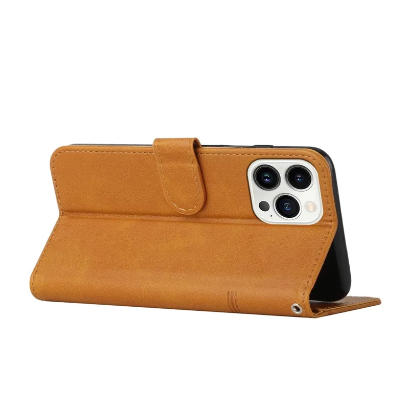 For iPhone 14 Pro Max 6.7 inch Stand Wallet Stitching Phone Cover PU Leather + TPU Protective Case with Strap - Yellow