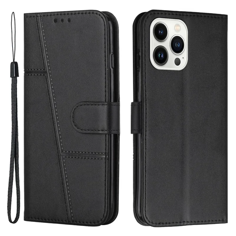 For iPhone 14 Pro 6.1 inch Stitching PU Leather Stand Case Magnetic Clasp Phone Wallet Cover with Strap - Black