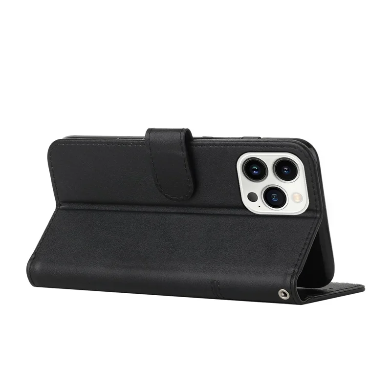 For iPhone 14 Pro 6.1 inch Stitching PU Leather Stand Case Magnetic Clasp Phone Wallet Cover with Strap - Black
