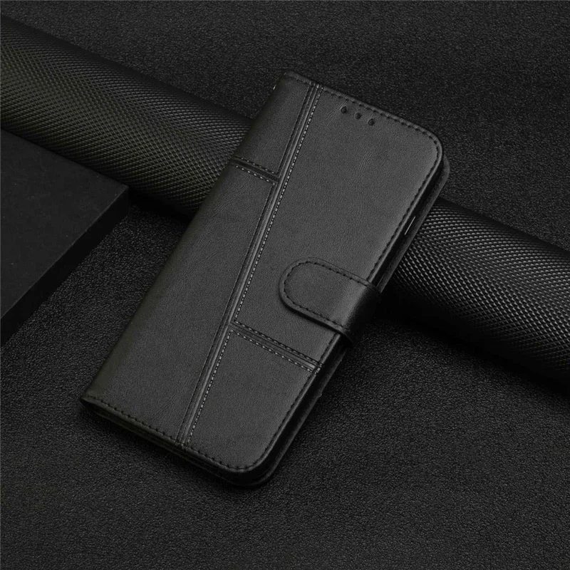 For iPhone 14 Pro 6.1 inch Stitching PU Leather Stand Case Magnetic Clasp Phone Wallet Cover with Strap - Black