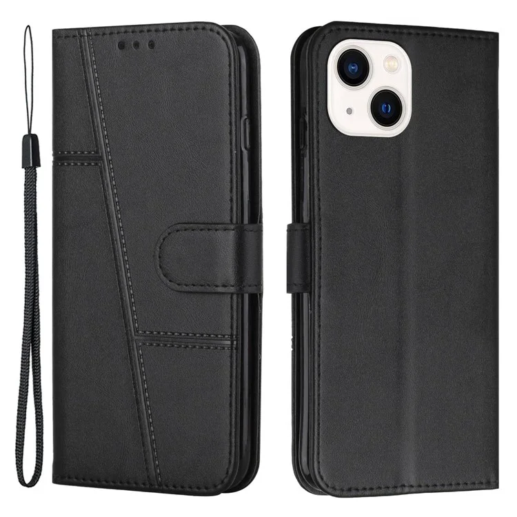 Casting Phone Case Para Iphone 14 6.1 Pulgadas, Stand de Billetera PU Cubierta de Cuero TPU Con Correa - Negro