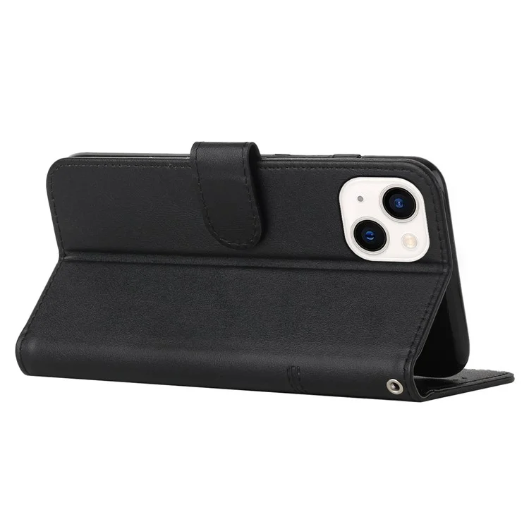 Casting Phone Case Para Iphone 14 6.1 Pulgadas, Stand de Billetera PU Cubierta de Cuero TPU Con Correa - Negro