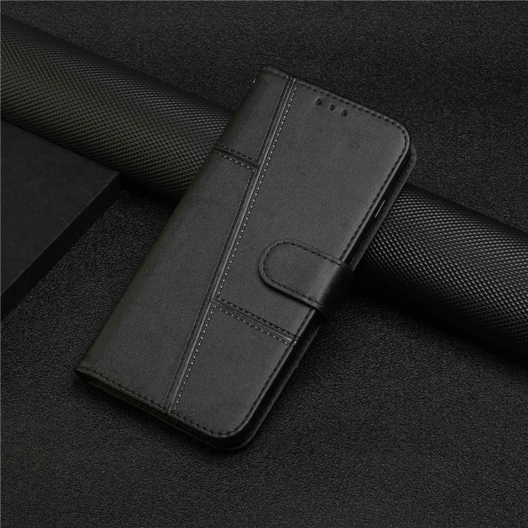 Casting Phone Case Para Iphone 14 6.1 Pulgadas, Stand de Billetera PU Cubierta de Cuero TPU Con Correa - Negro
