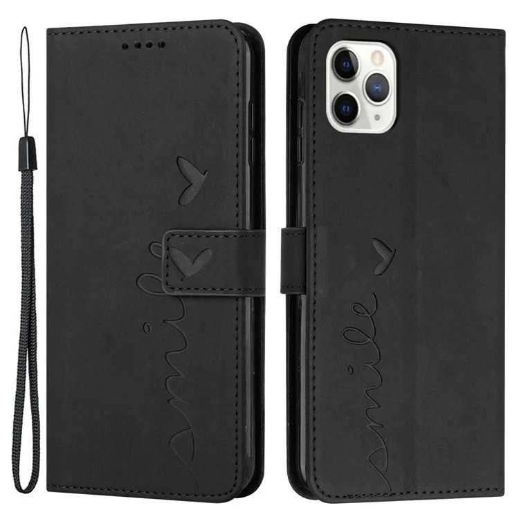 Para Iphone 14 Pro 6.1 Pulgadas Touch de Piel Feeling Heart Forma Impresión de la Caja Del Teléfono de Cuero PU Cubierta de Billetera Con Correa - Negro