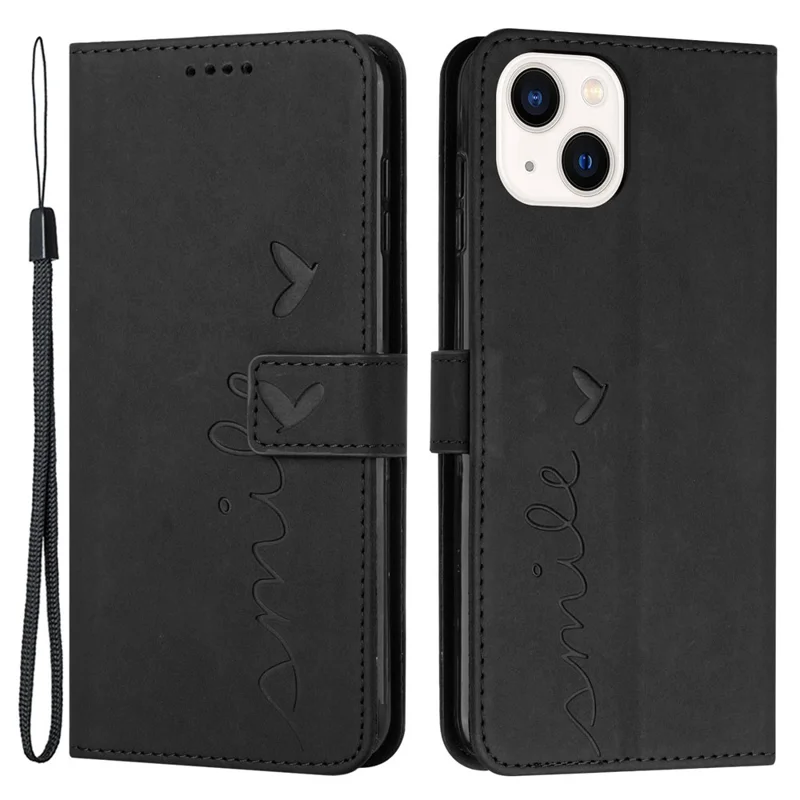 Skin-touch Heart Shape Imprinted Case for iPhone 14 6.1 inch, PU Leather Stand Wallet Magnetic Clasp Phone Cover with Strap - Black